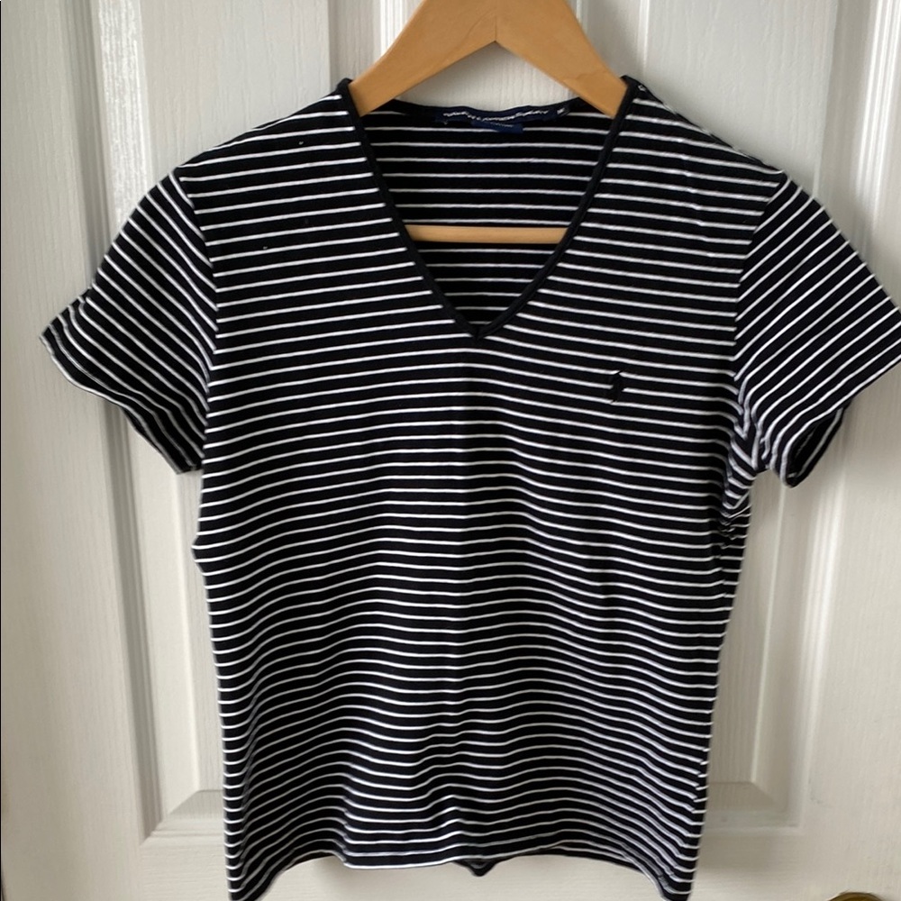 Ralph Lauren Black and White Striped V-Neck Top